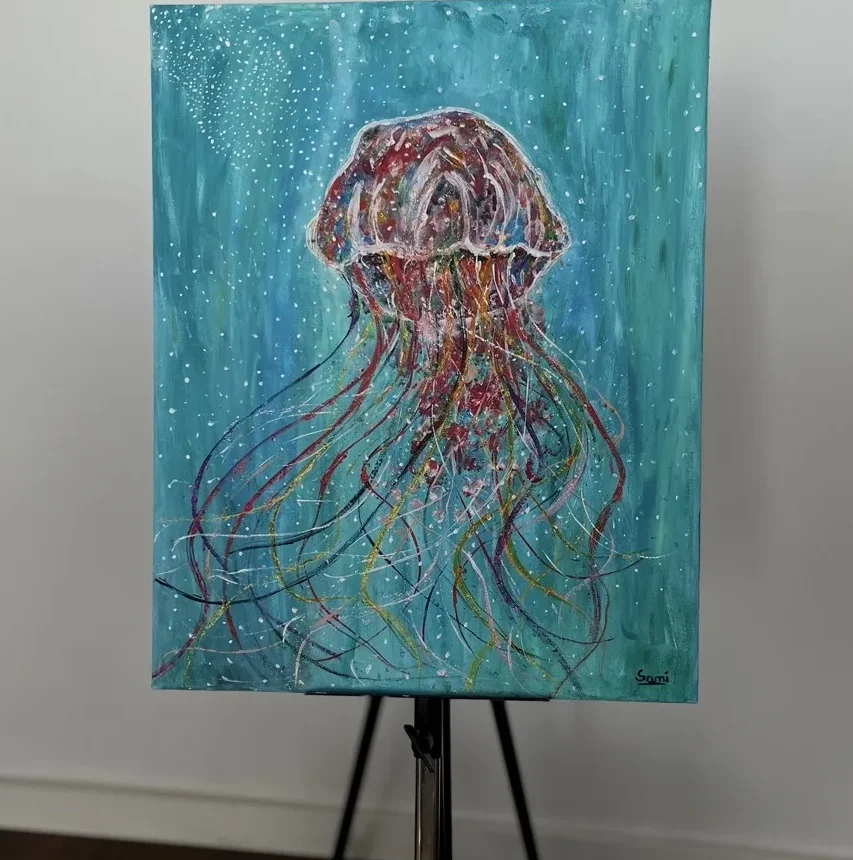 Pintura de medusa vibrante en tonos turquesa y multicolor - Gianluca Urraso