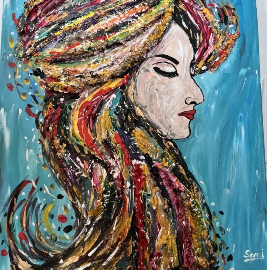 Retrato vibrante de mujer con turbante y cabello colorido, arte abstracto - Gianluca Urraso