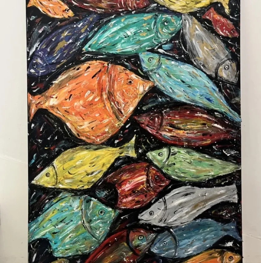 Pintura de peces coloridos, estilo abstracto y vibrante, con pinceladas gruesas. - Gianluca Urraso