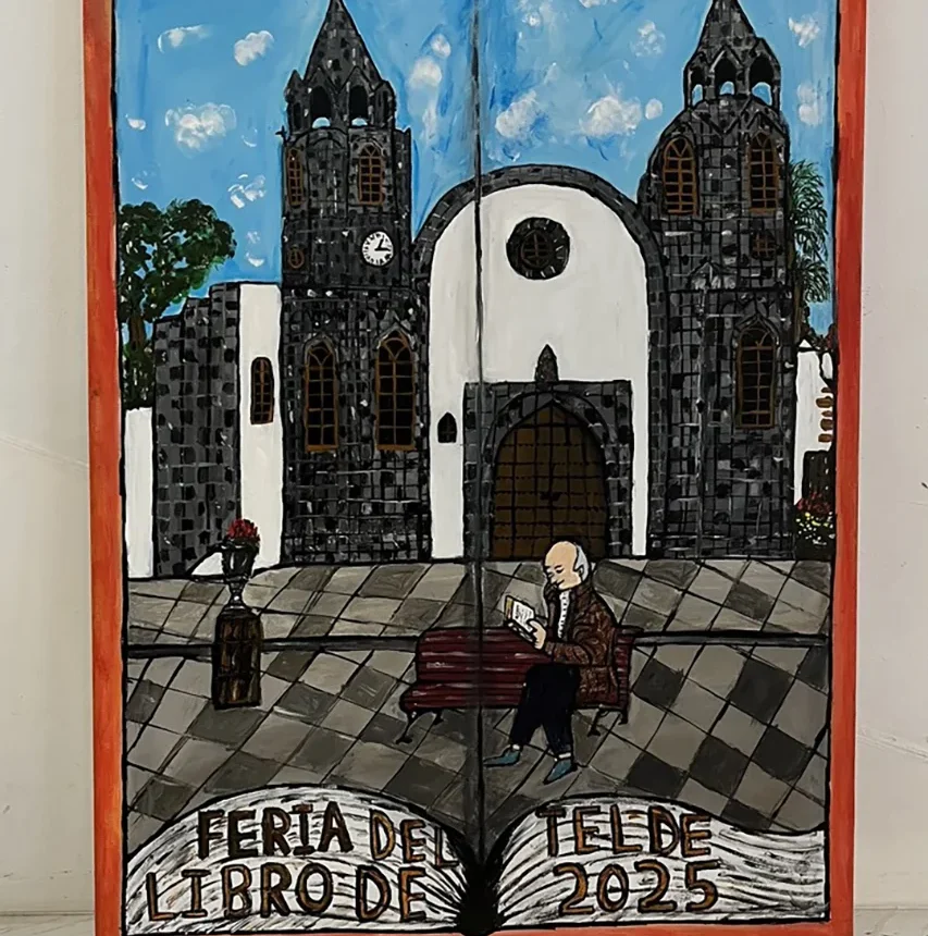 Feria del Libro Telde 2025: pintura de iglesia y hombre leyendo en banco. - Gianluca Urraso